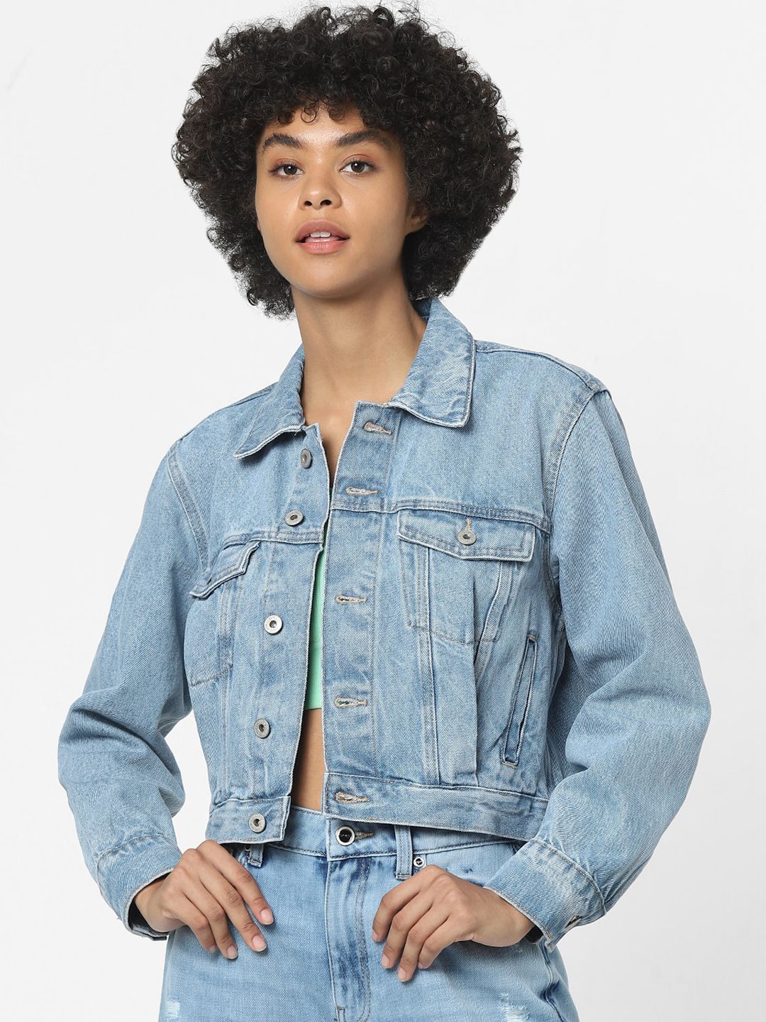ONLY Women Blue Crop Denim Jacket with Embroidered Price in India