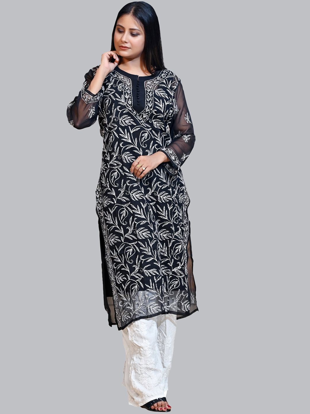 FAWOMENT Women Black Embroidered Flared Sleeves Chikankari Handloom Georgette Kaftan Kurta Price in India