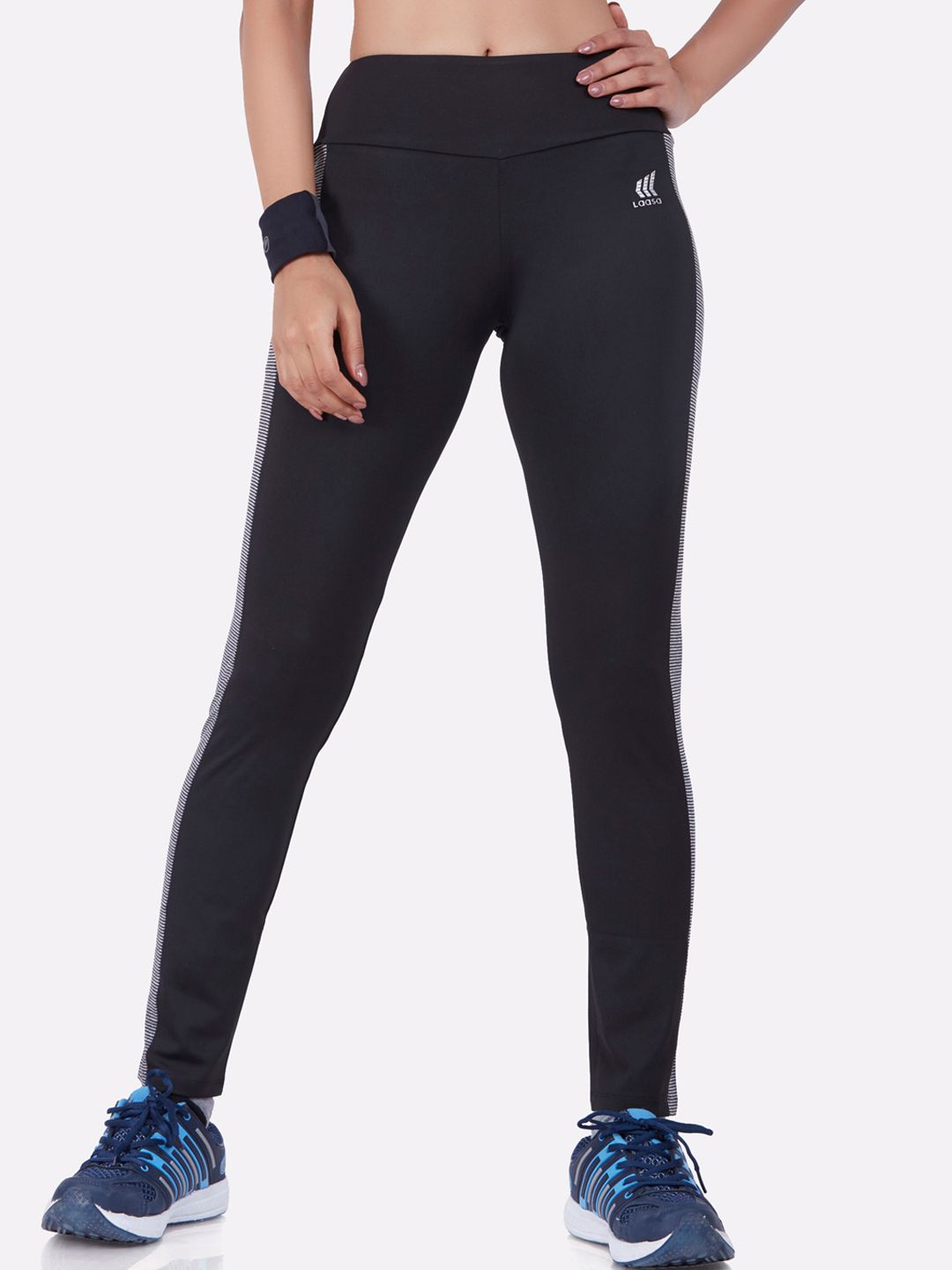 LAASA  SPORTS Women Black & Grey Striped Rapid Dry Training or Gym Track Pants Price in India