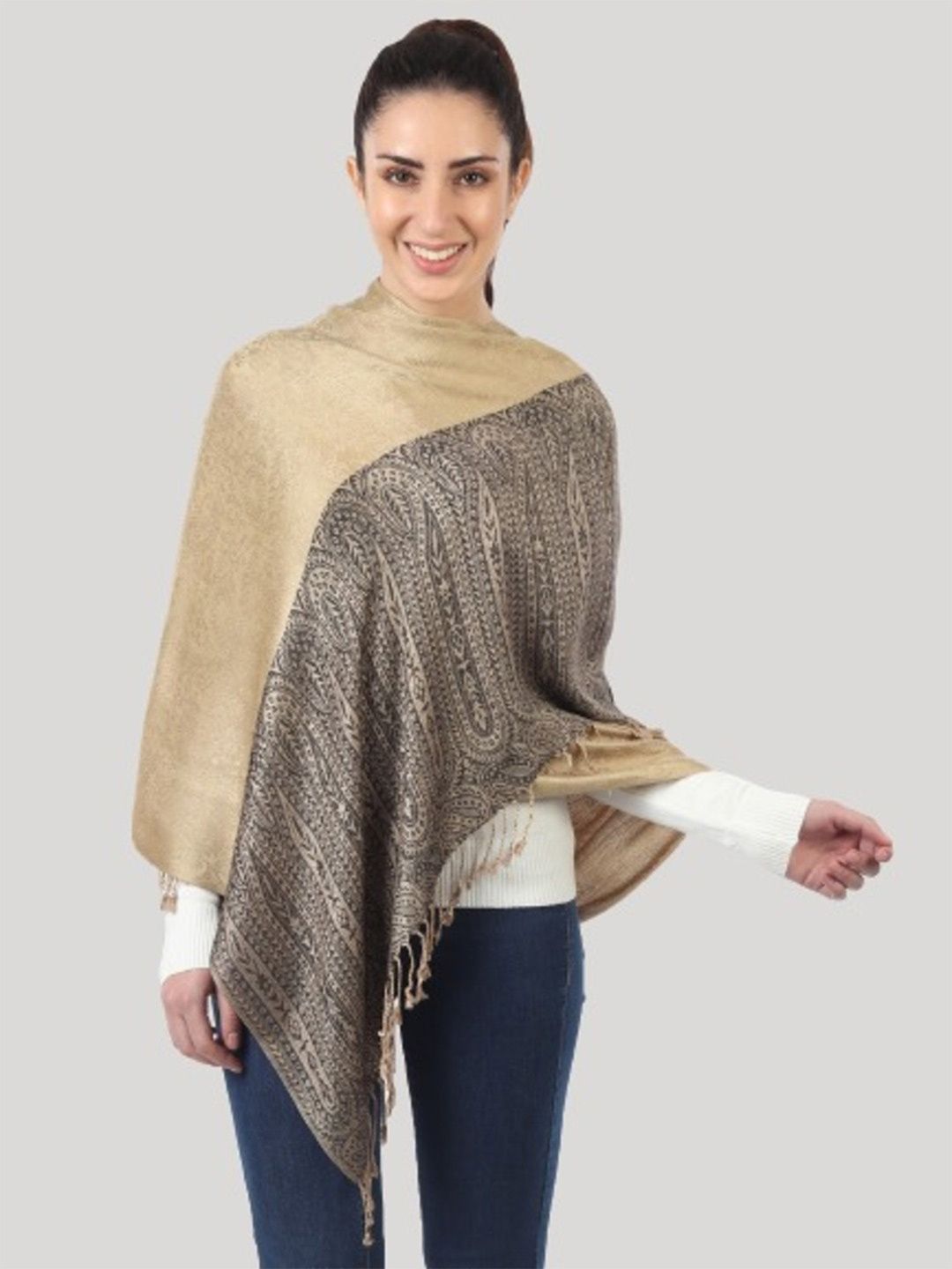 MUFFLY Women Cream-Coloured & Black Woven Design Stole Price in India