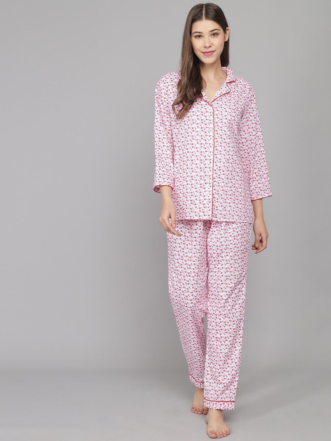 N-Gal Women Pink & White Printed Night suit Price in India