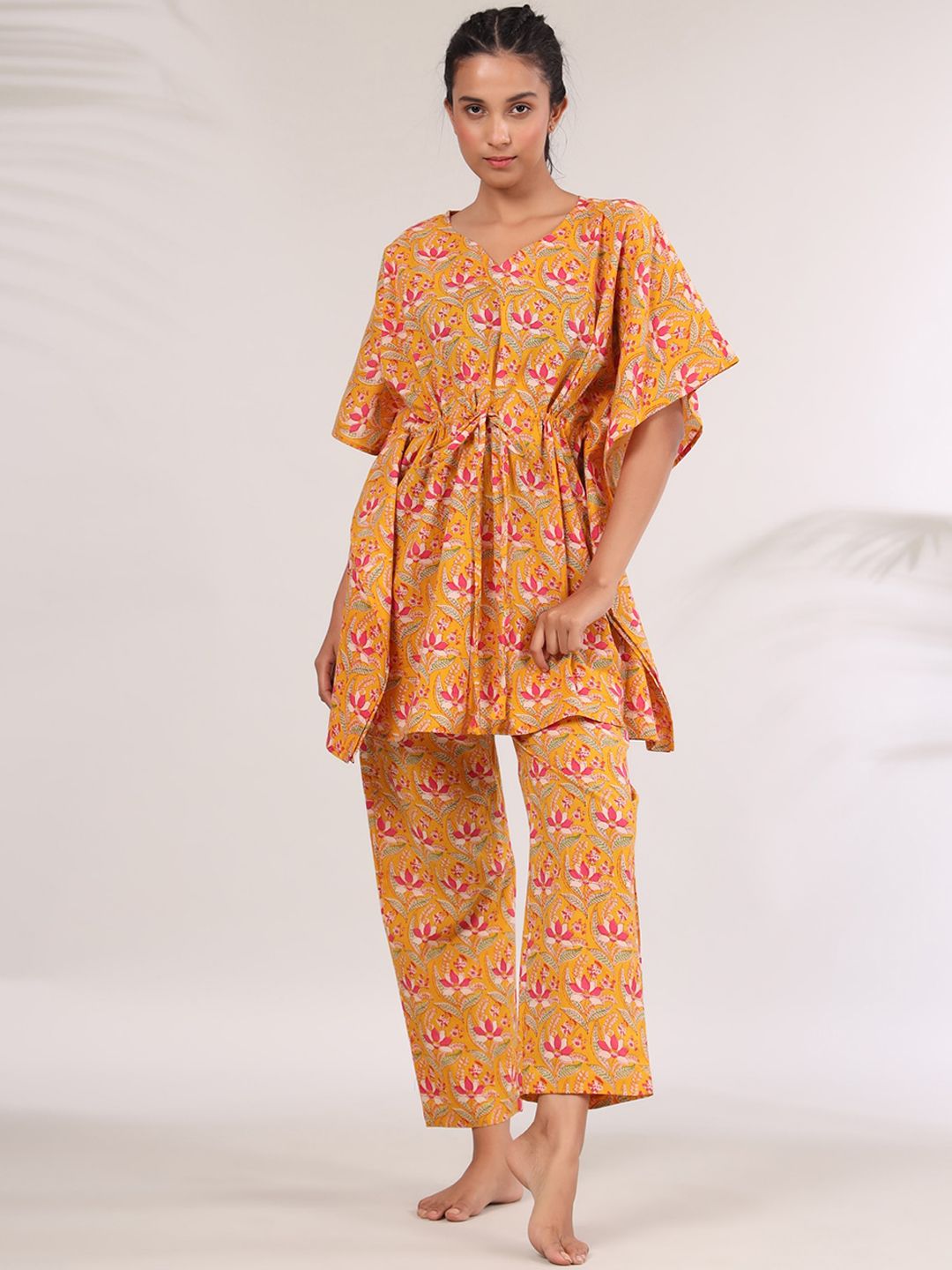 JISORA Women Mustard Yellow & Pink Pure Cotton Printed Night suit Price in India