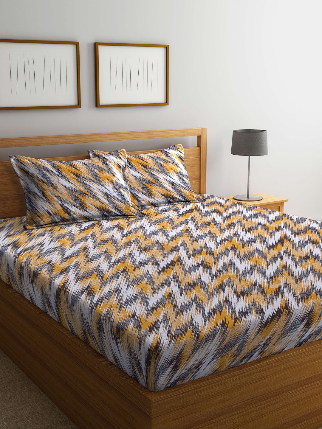 BOMBAY DYEING Yellow & Grey Geometric 120 TC Queen Bedsheet with 2 Pillow Covers Price in India