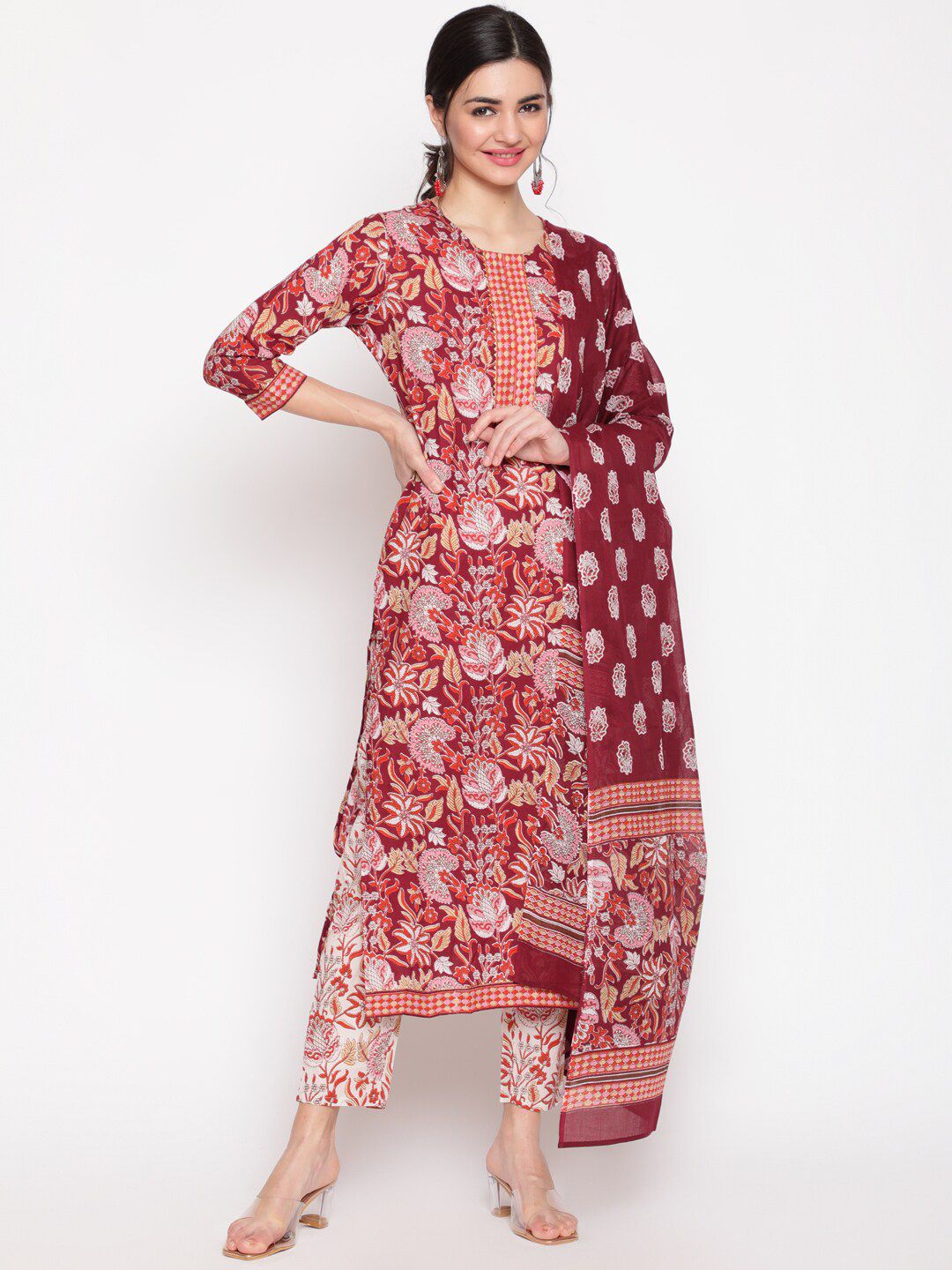 GLAM ROOTS Women Burgundy Floral Printed Gotta Patti Pure Cotton Kurti with Palazzos & With Dupatta Price in India