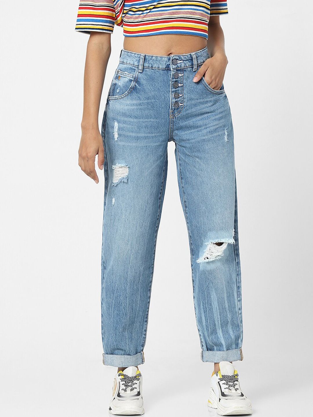 ONLY Women Blue Straight Fit High-Rise Highly Distressed Light Fade Jeans Price in India