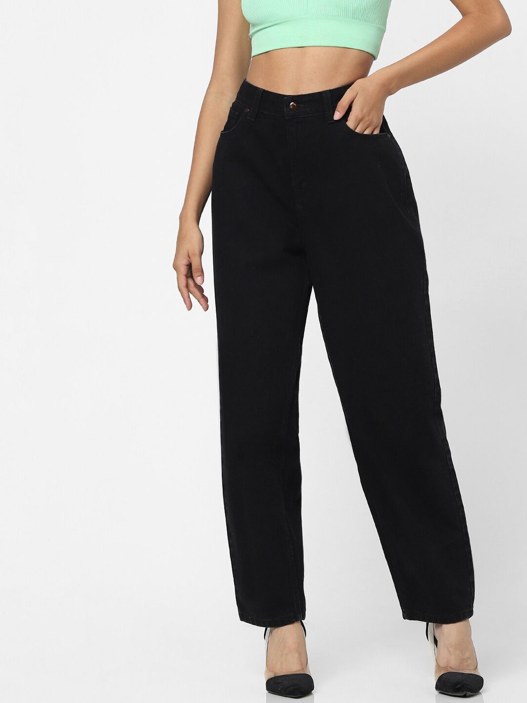 ONLY Women Black Straight Fit High-Rise Jeans Price in India