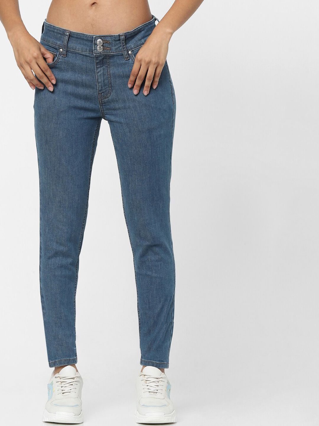 ONLY Women Blue Skinny Fit High-Rise Slash Knee Jeans