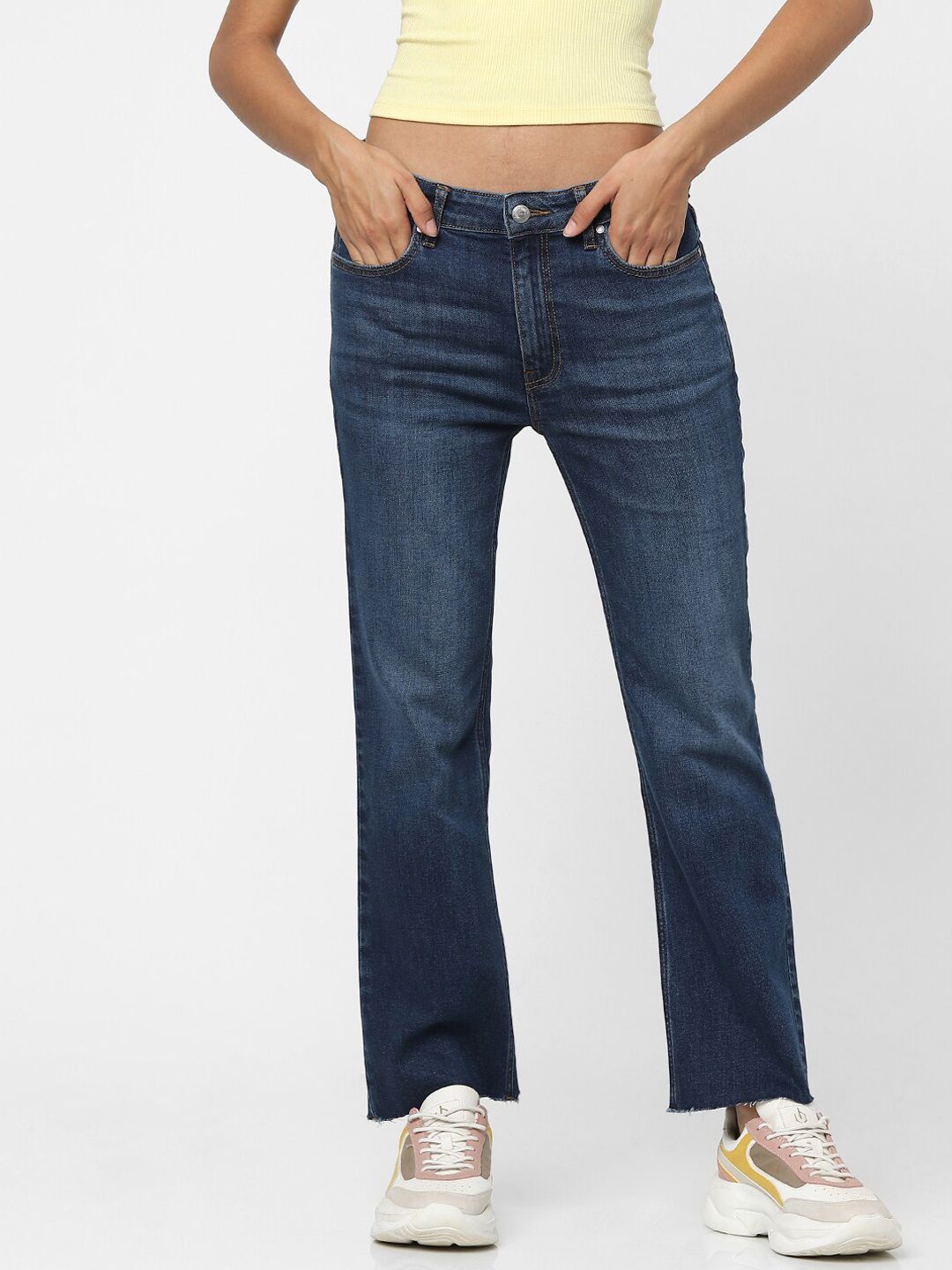 ONLY Women Blue Bootcut High-Rise Low Distress Light Fade Jeans