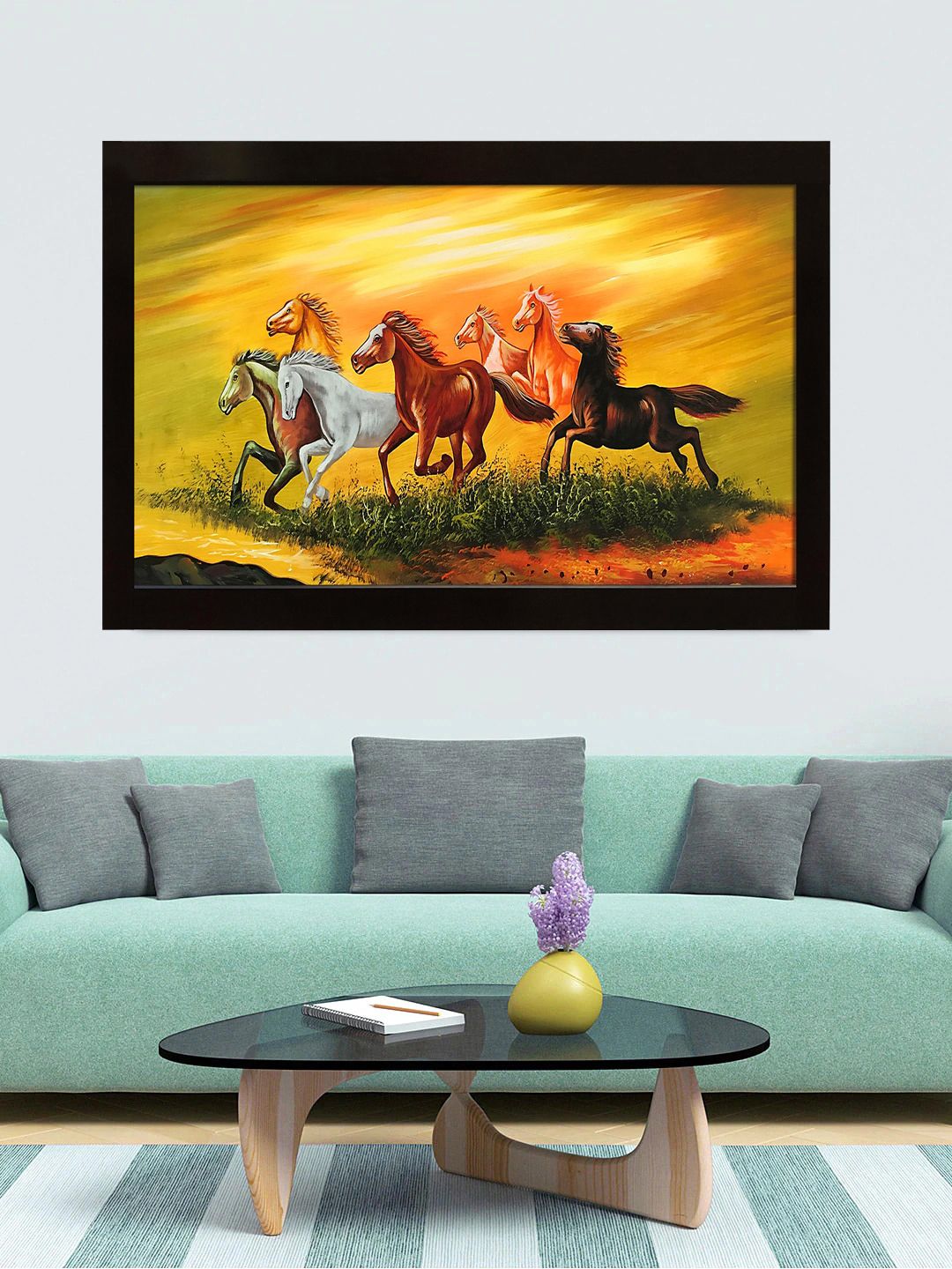 Gallery99 Yellow & Brown Auspicious Running Horses Painted Canvas Wall Art Price in India