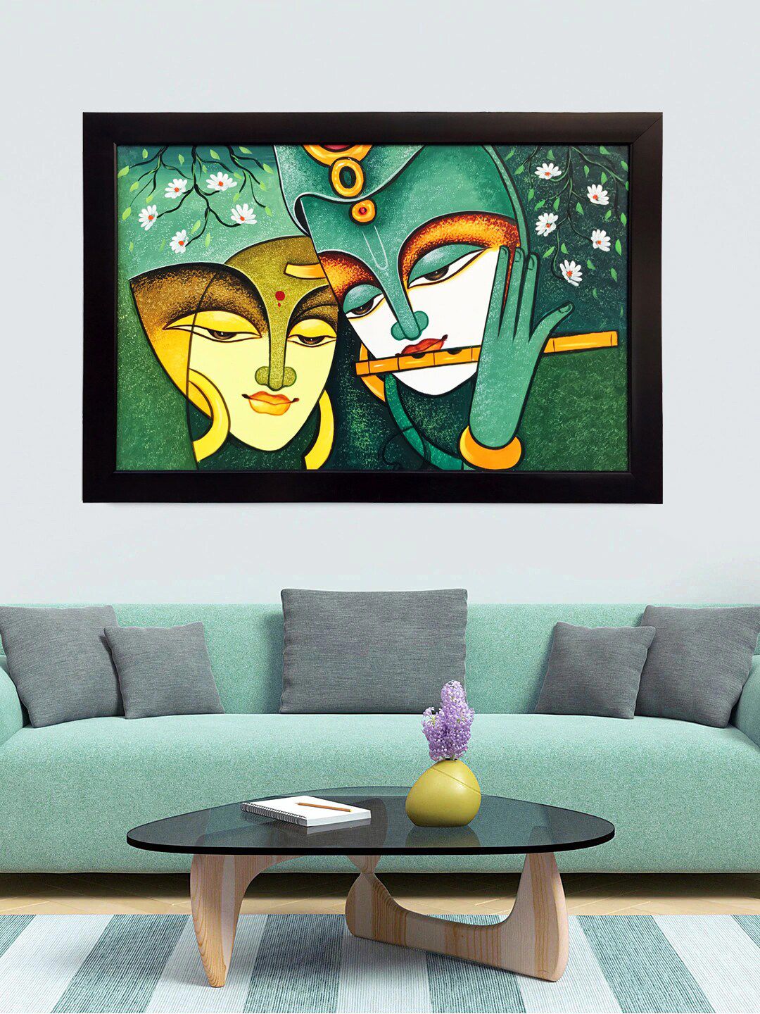 Gallery99 Green & Yellow Krishna with Radha Original Handmade Oil Painting Price in India