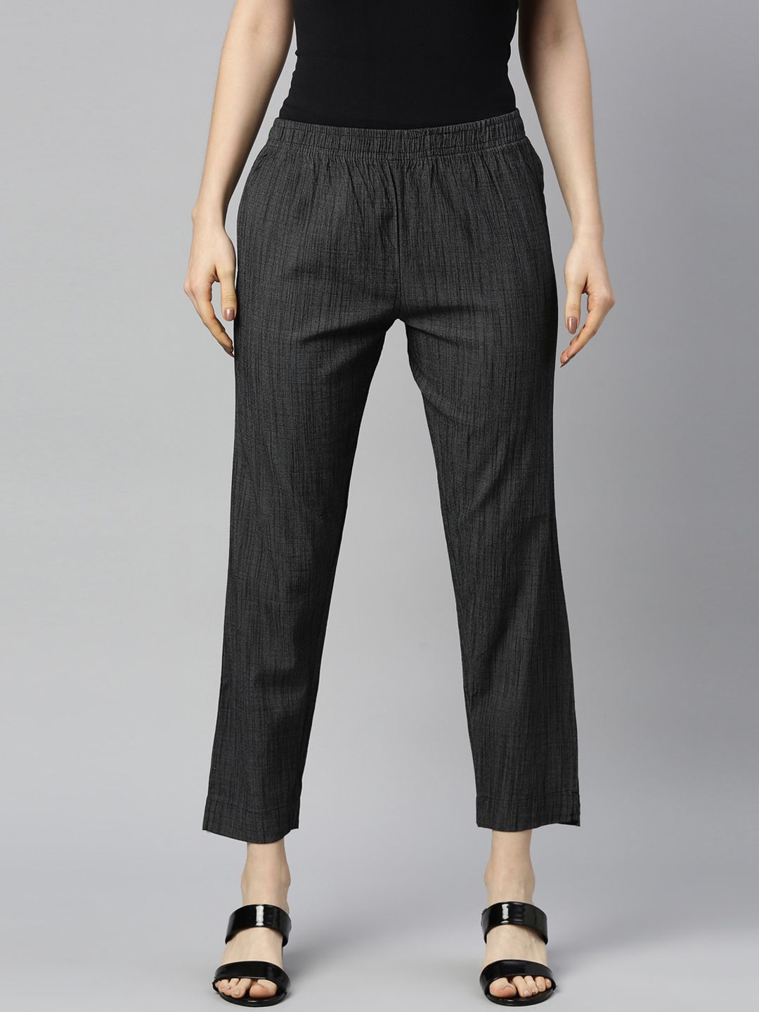 GOLDSTROMS Women Charcoal Striped Trousers Price in India