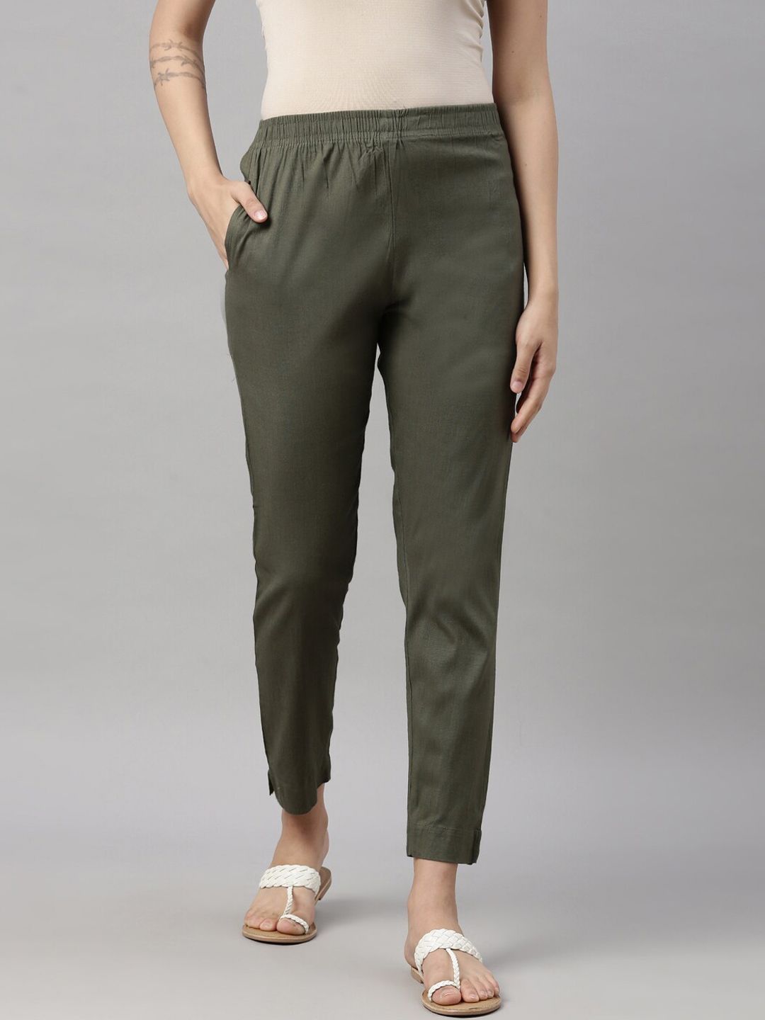 GOLDSTROMS Women Olive Green Trousers Price in India
