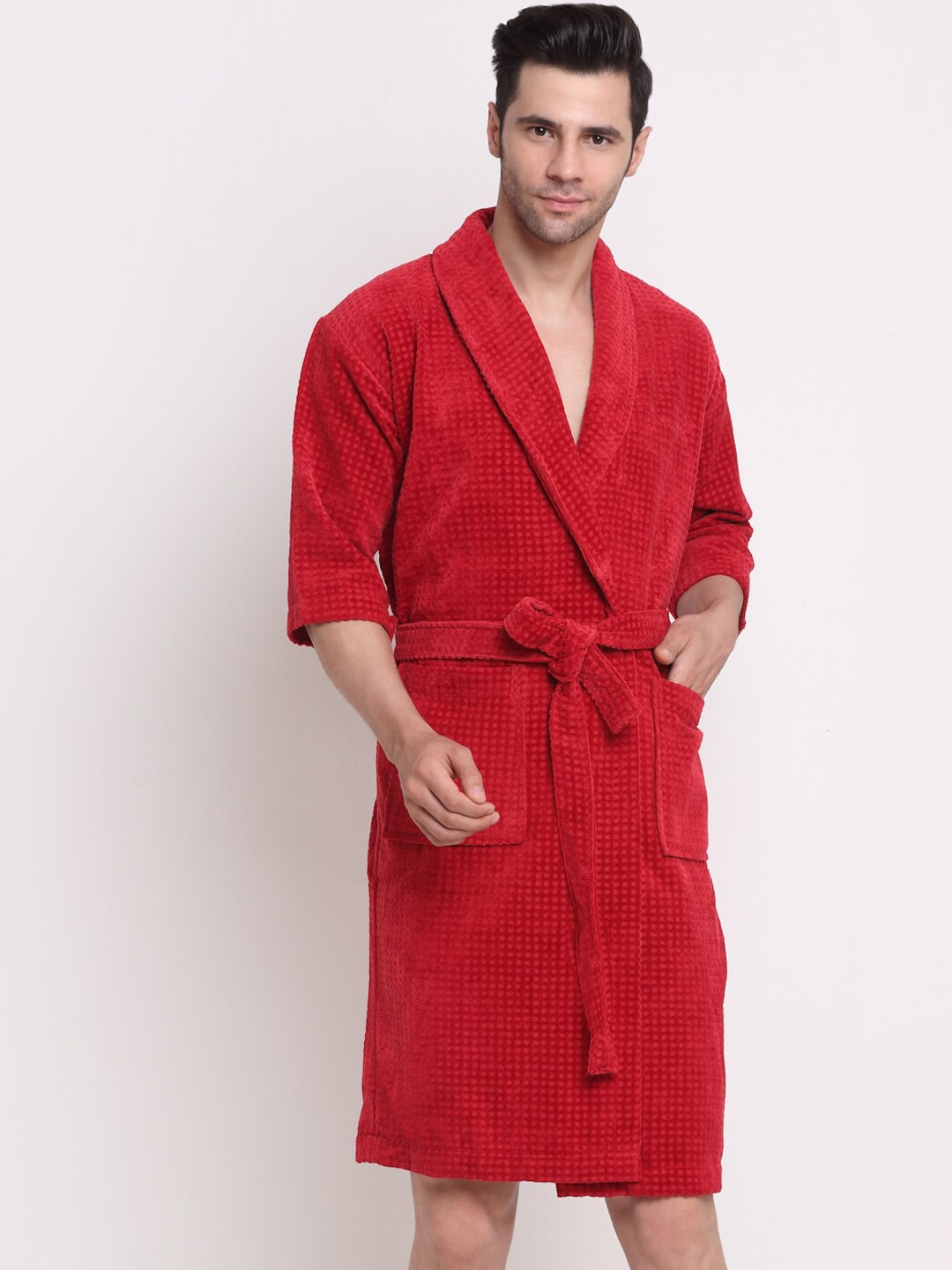 Trident Red Solid Bath Robe With Belt Price in India