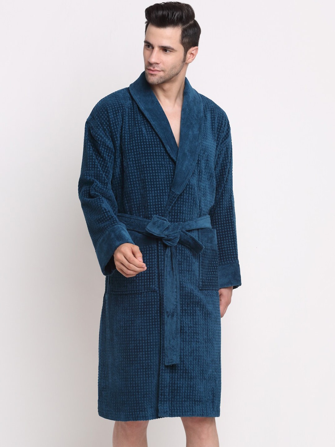 Trident Teal Blue Solid Bath Robe With Belt Price in India