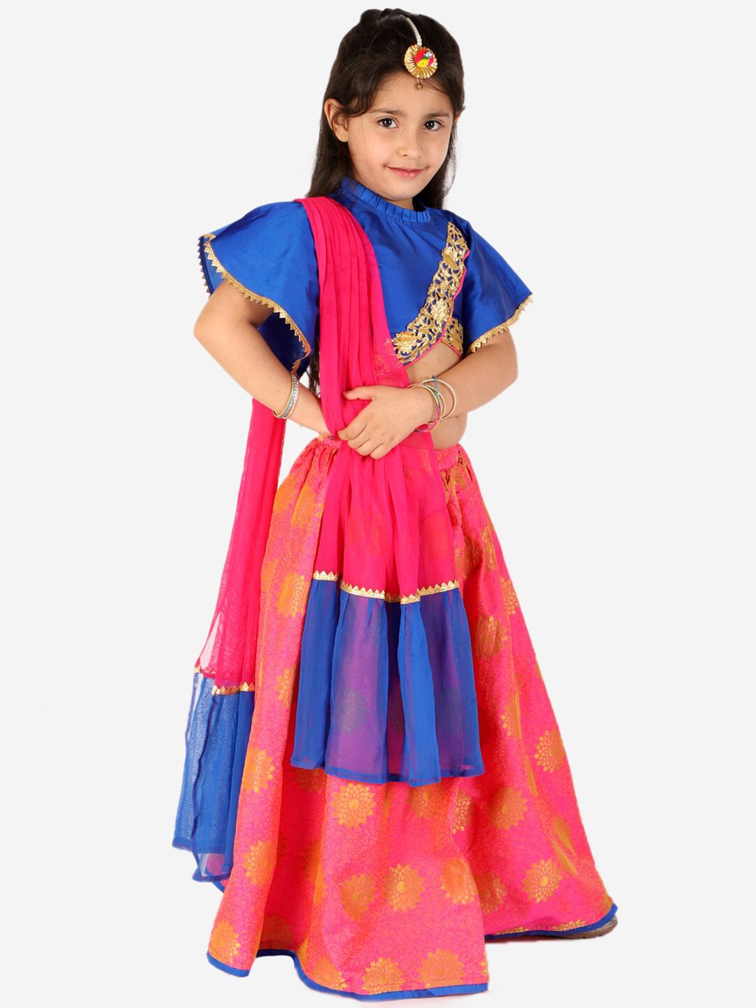 KID1 Girls Blue & Pink Embroidered Ready to Wear Lehenga & Blouse With Dupatta