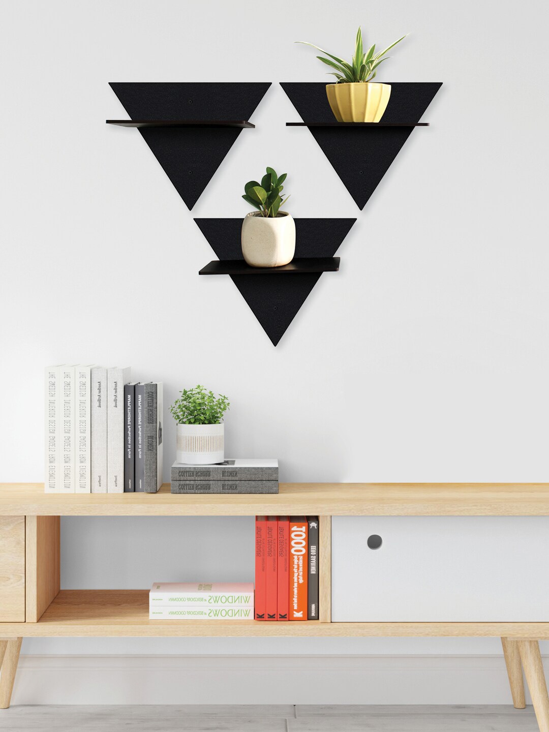 RANDOM Set of 3 Black Solid Triangle Wood Planter Stands Price in India