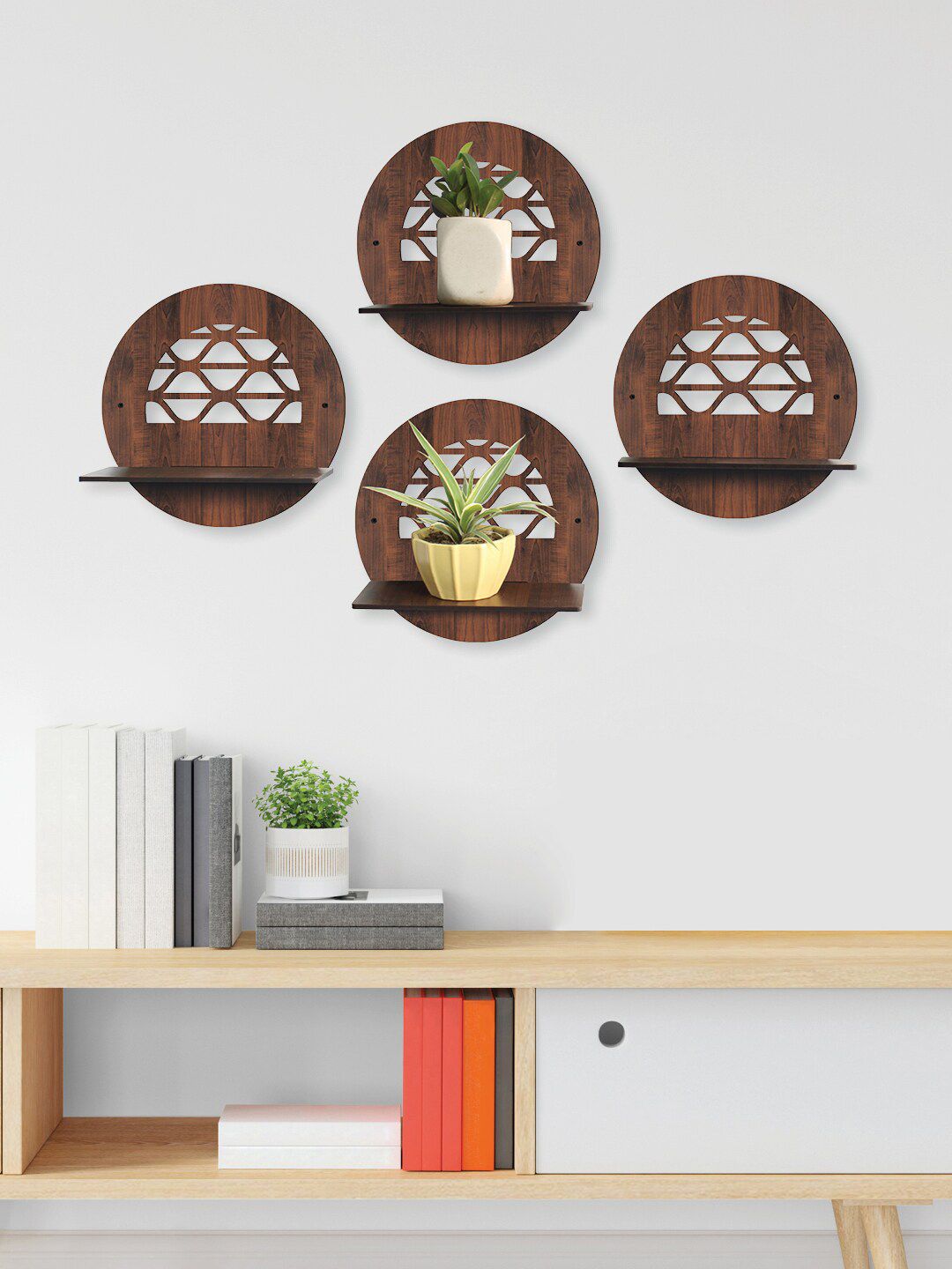 RANDOM Set Of 4 Brown Round Shaped Wall Hanging Planters Price in India