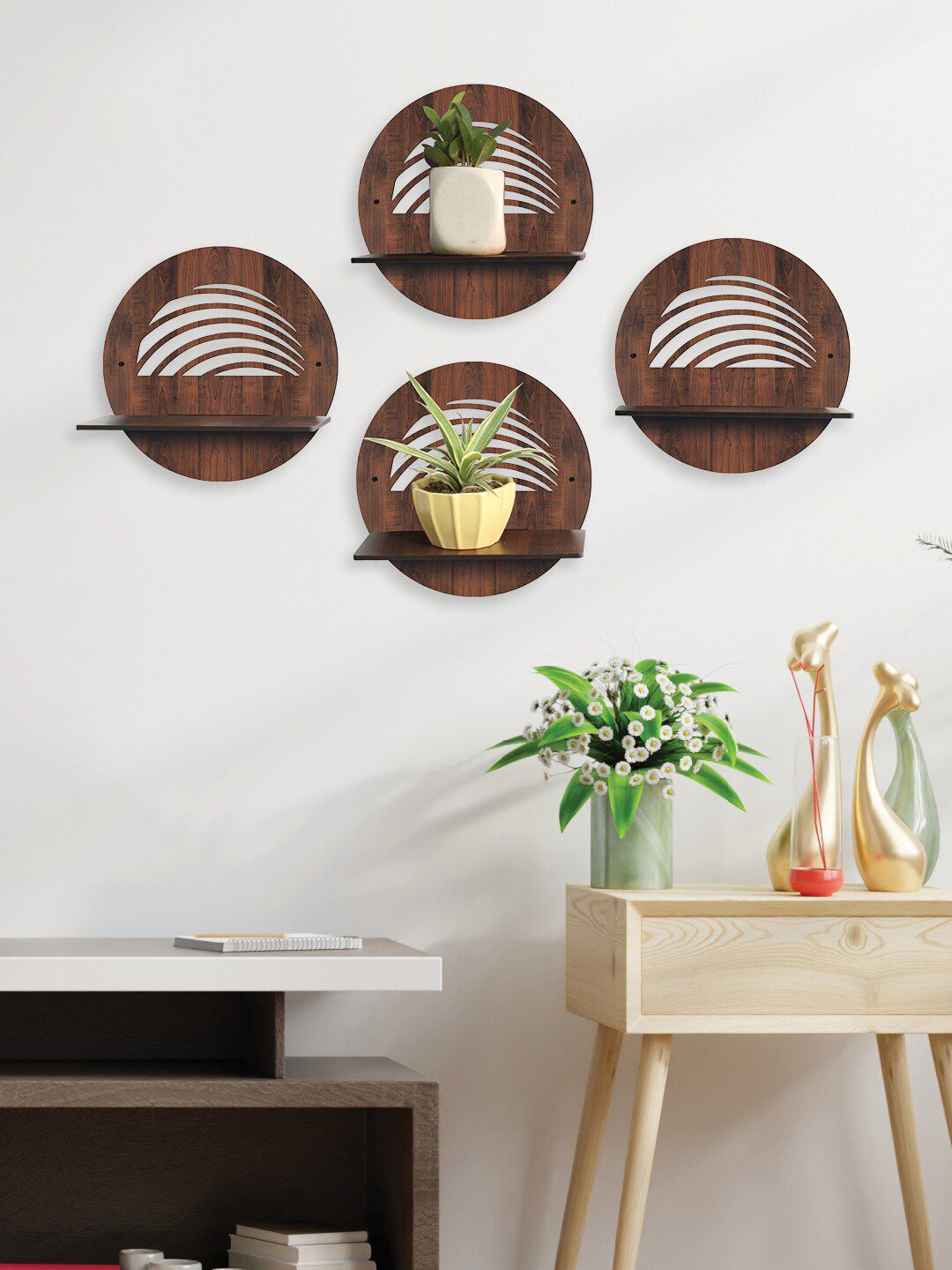 RANDOM Set Of 4 Brown Solid Wall Hanging Planters With Stand Price in India