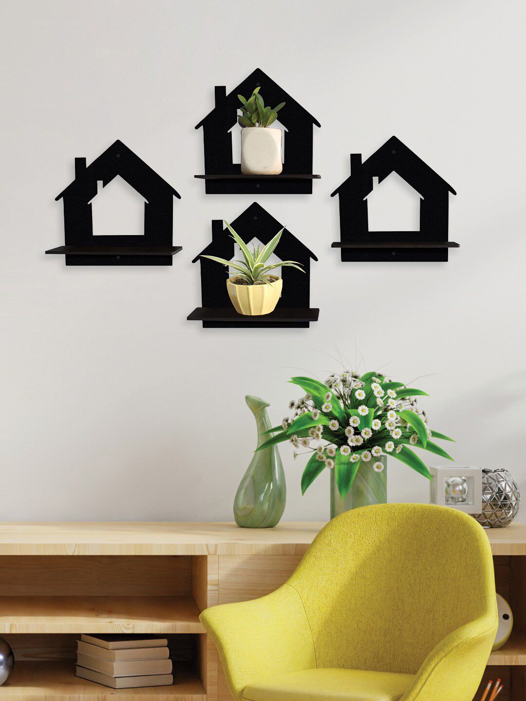 RANDOM Set Of 4 Black Solid Wall Hanging Planters Price in India