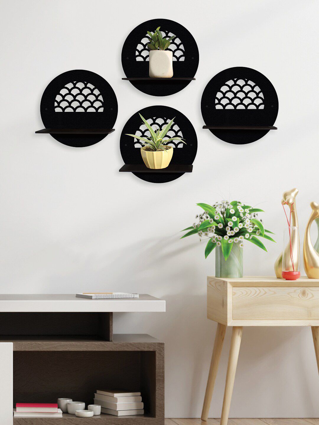 RANDOM Set Of 4 Black Solid Wall Hanging Planters Stand Price in India