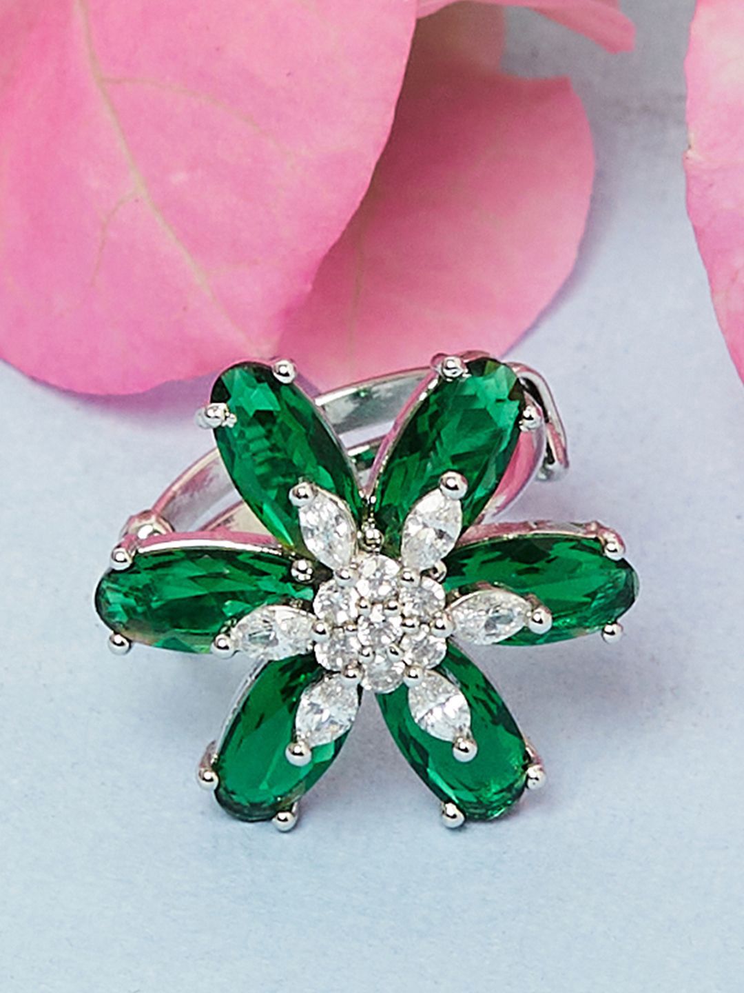 Voylla Silver Toned Rhodium Plated Green & White Colored Stone Studded Ring Price in India
