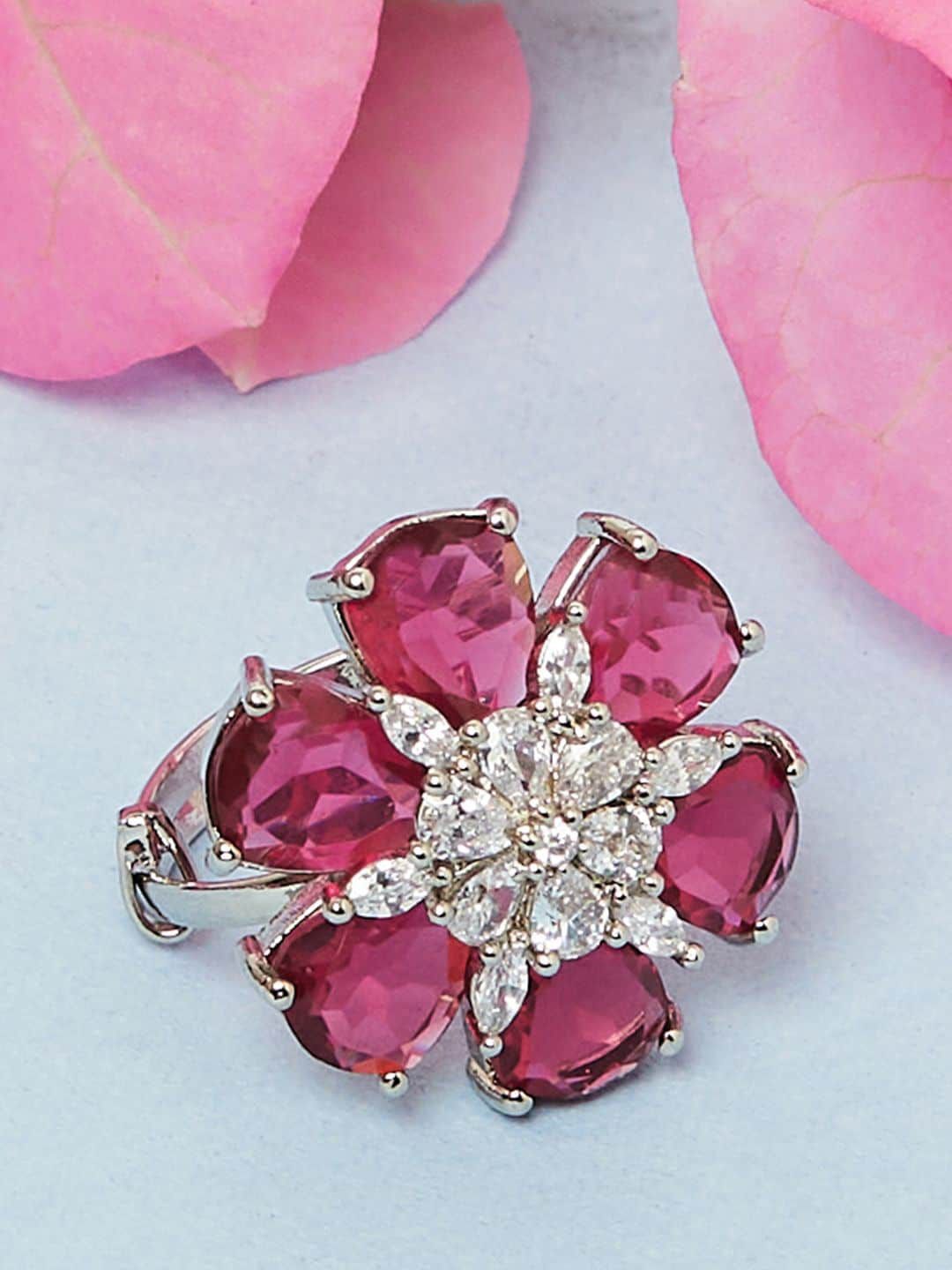 Voylla Silver-Plated Pink Stone-Studded Finger Ring Price in India