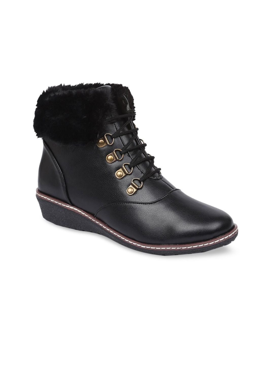 VALIOSAA Women Black Solid Wedged Heel Boot With Fur
