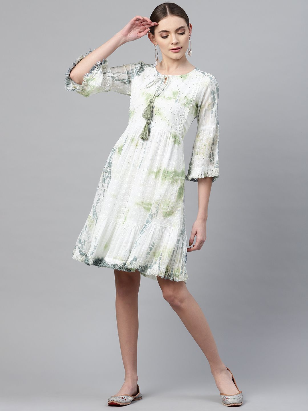 Readiprint Fashions White & Olive Green Tie and Dye Schiffli A-Line Dress Price in India