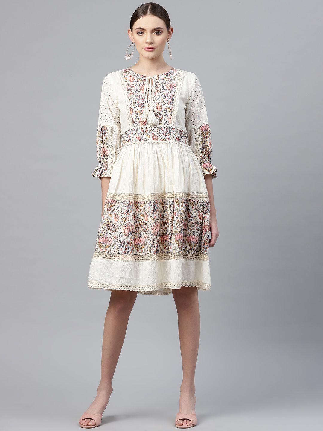 Readiprint Fashions Off White Ethnic Motifs Printed A-Line Dress Price in India