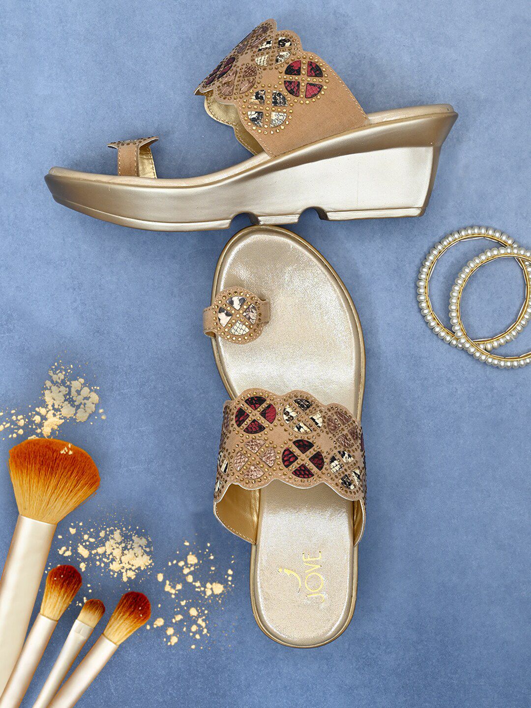 Jove Gold-Toned Embellished PU Ethnic Wedge Sandals Price in India