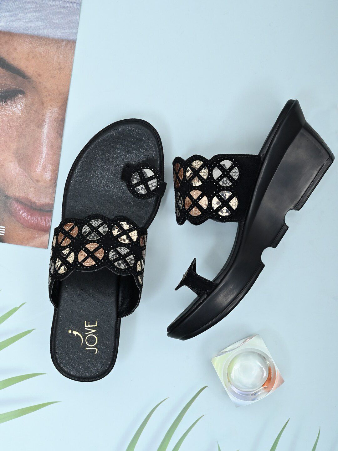 Jove Black Embellished PU Platform Sandals Price in India