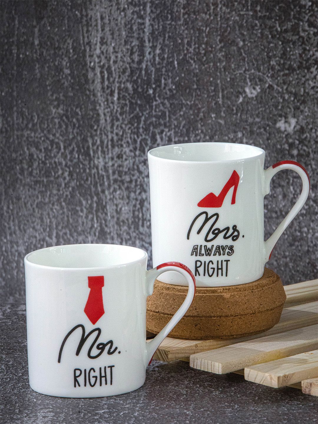 GOODHOMES White & Red Set of 2 Text or Slogans Printed Bone China Glossy Mugs Price in India
