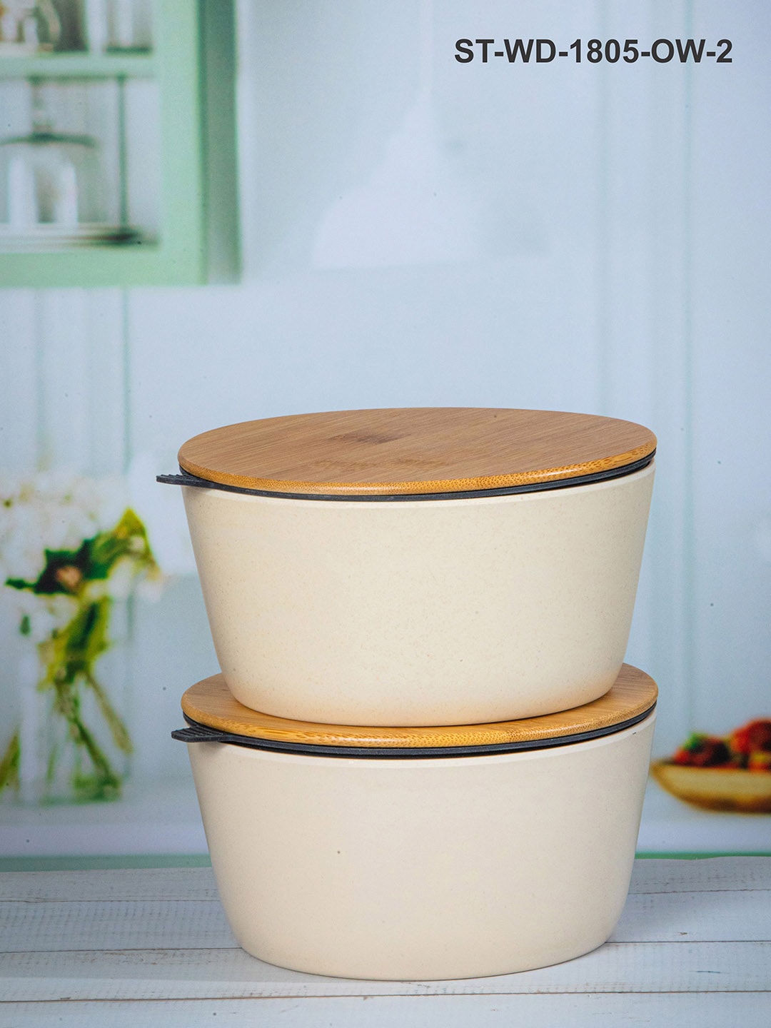 Stehlen Set Of 2 Off White Storage Bowl With Airtight Wooden Lid Price in India