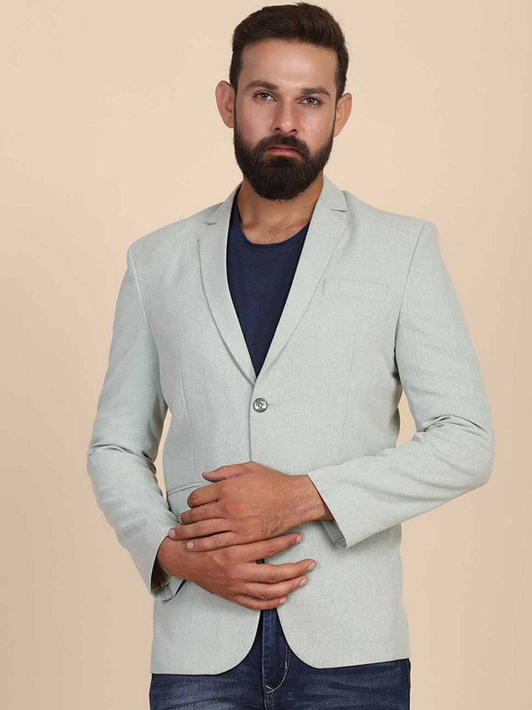 TAHVO Men Sea Green Solid Slim-Fit Single-Breasted Blazer