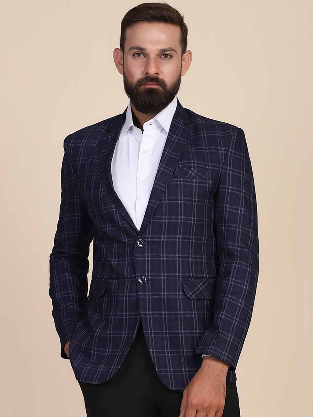 TAHVO Men Blue Checked Slim-Fit Single-Breasted Formal Blazer