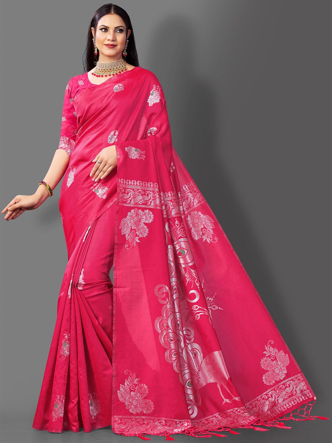 Wuxi Pink & White Woven Design Zari Pure Silk Banarasi Saree Price in India