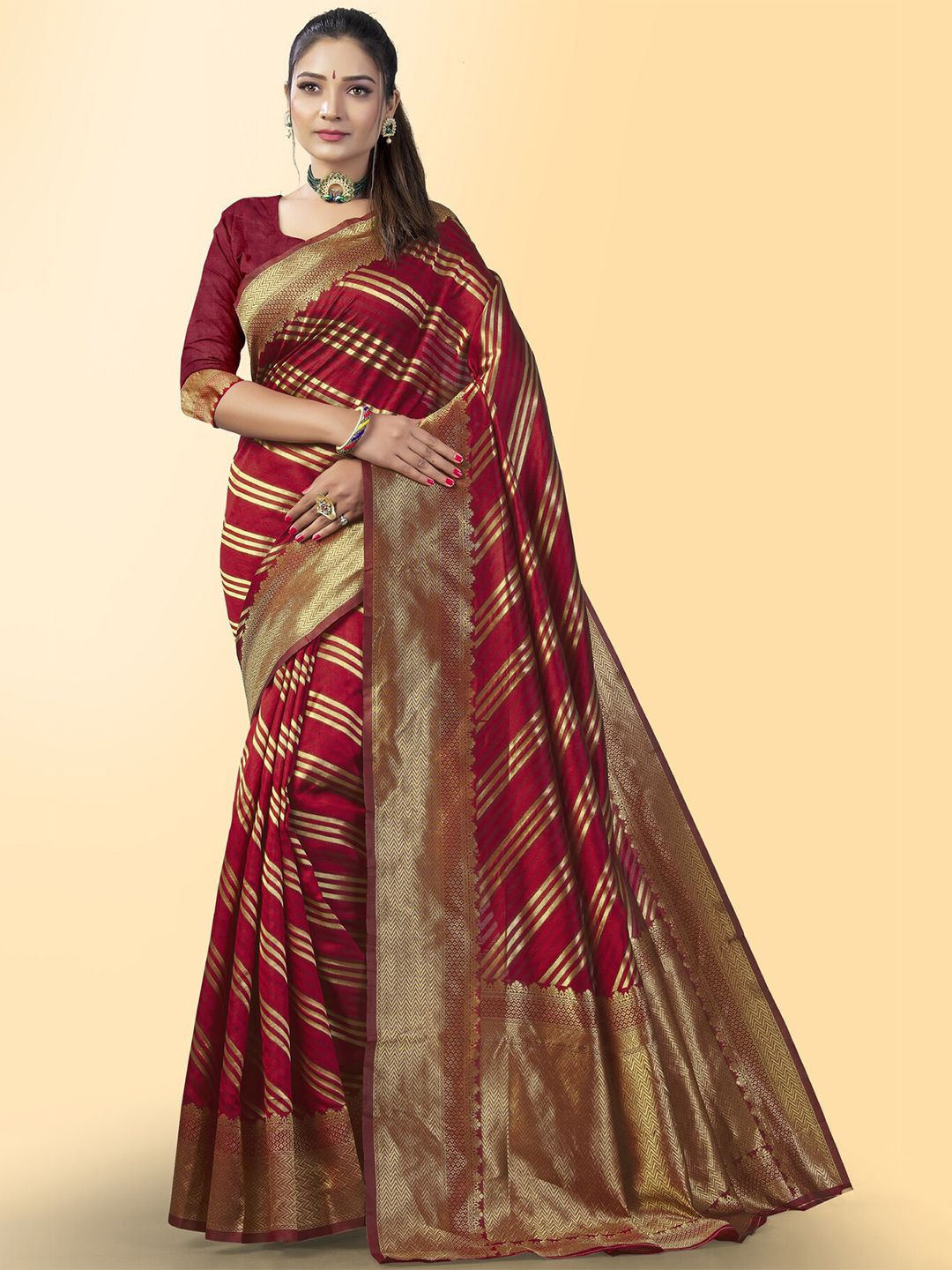 Wuxi Red & Gold-Toned Striped Pure Silk Leheriya Saree Price in India