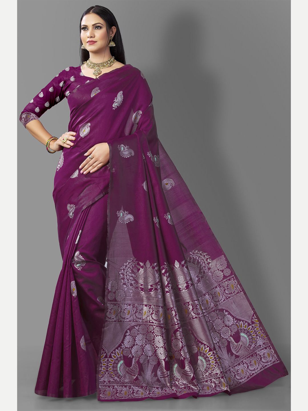 Wuxi Purple & Silver-Toned Woven Design Pure Silk Banarasi Saree
