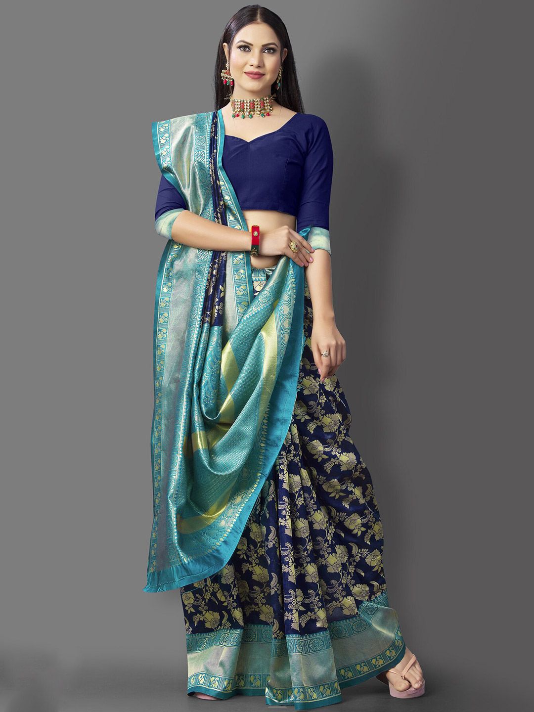 Wuxi Navy Blue & Green Woven Design Pure Silk Banarasi Saree Price in India