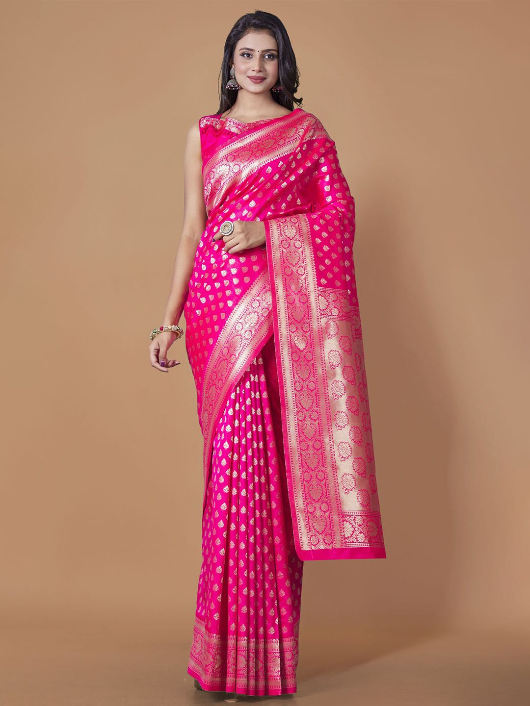 Wuxi Pink & Silver-Toned Ethnic Motifs Pure Silk Banarasi Saree Price in India