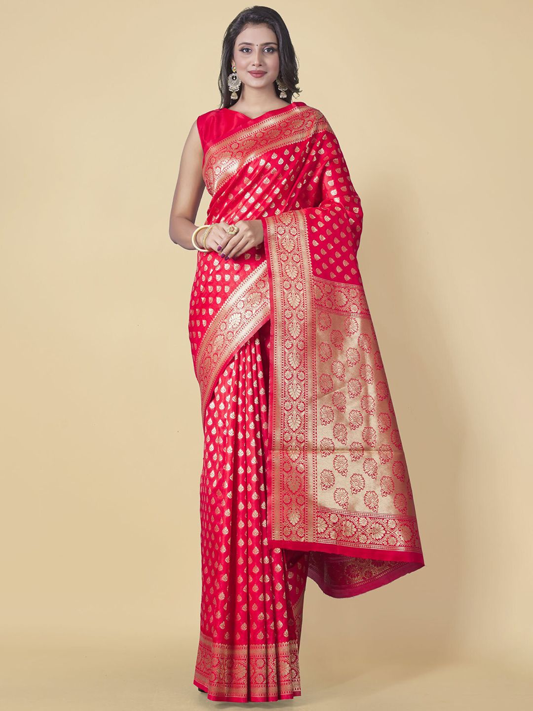 Wuxi Red & Gold-Toned Ethnic Motifs Zari Pure Silk Banarasi Saree Price in India