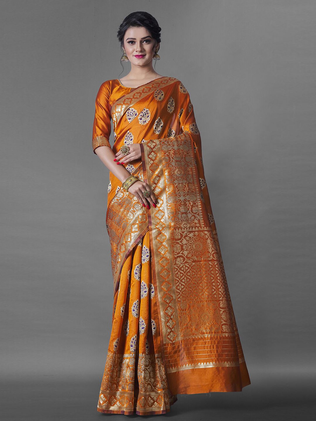 Wuxi Orange & Silver-Toned Woven Design Zari Pure Silk Kanjeevaram Saree Price in India