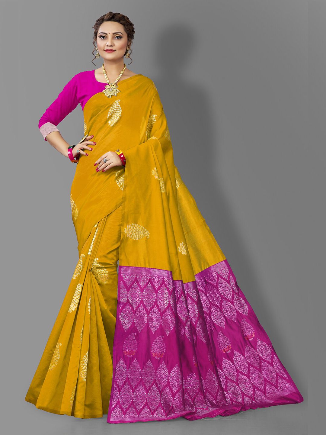 Wuxi Gold-Toned & Pink Woven Design Pure Silk Banarasi Saree Price in India