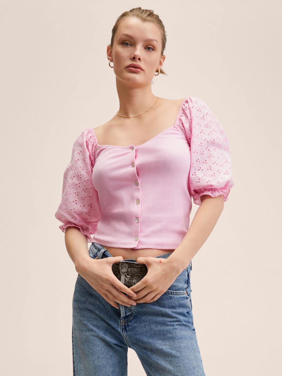 MANGO Pink Embroidered Detail Sweetheart Neck Top Price in India