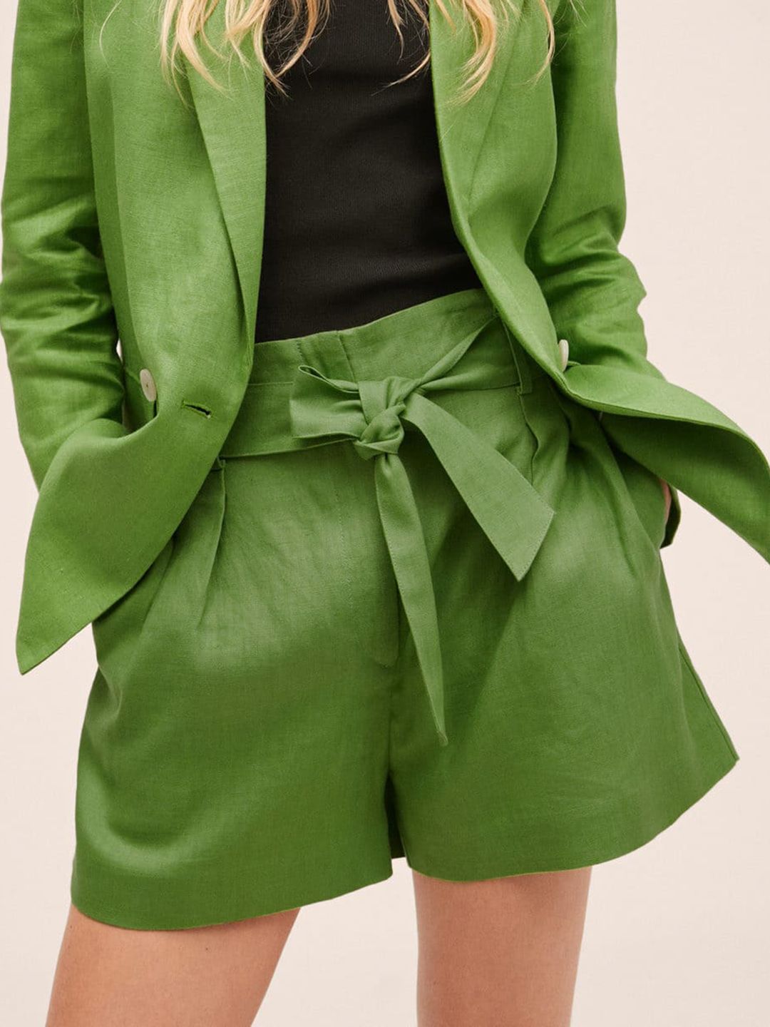 MANGO Women Olive Green Paper Bag Fit Fit High-Rise Linen Shorts