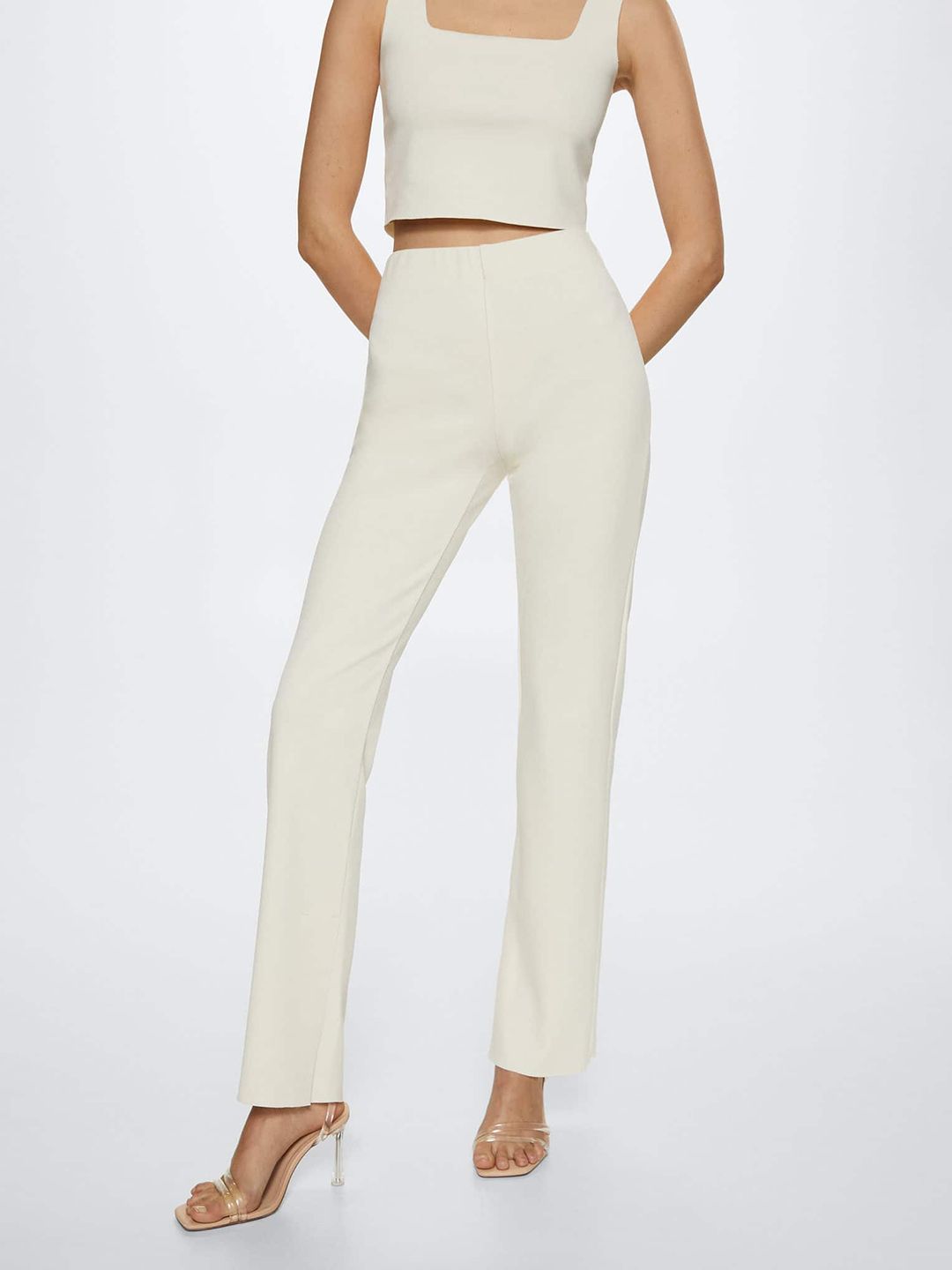 MANGO Women Off White Solid Straight Fit Trousers Price in India