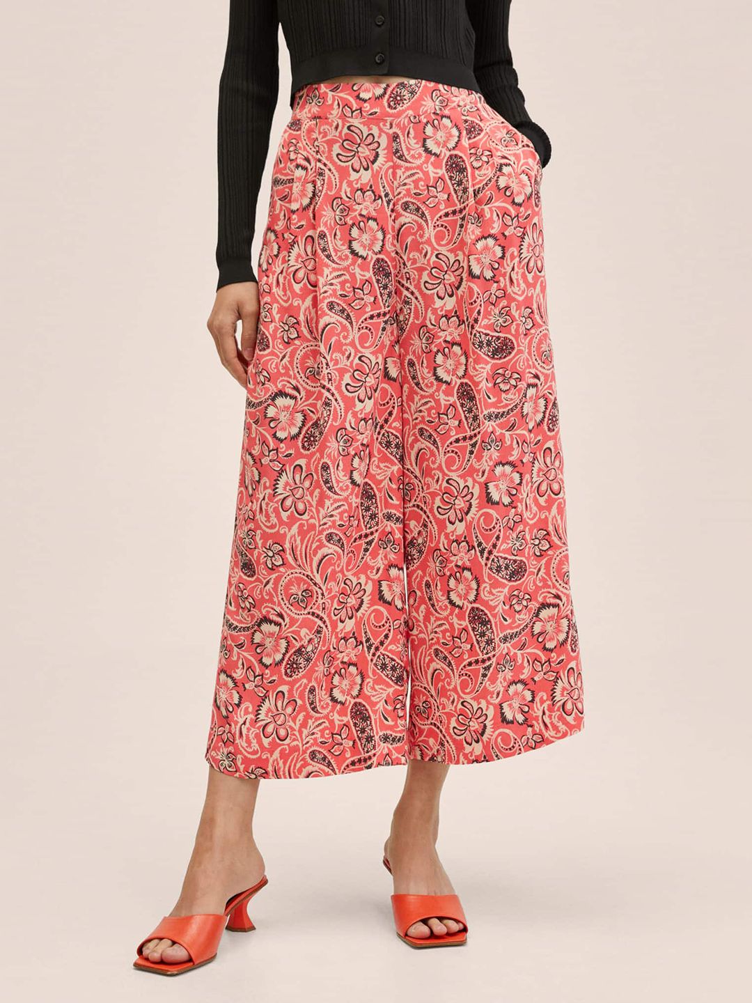 MANGO Women Coral Pink Ethnic Motifs Printed Trousers Price in India