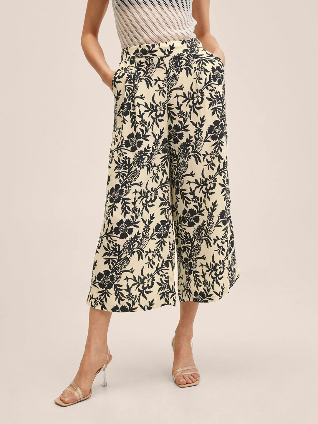 MANGO Women Off White Ethnic Motifs Printed Culottes Trousers Price in India