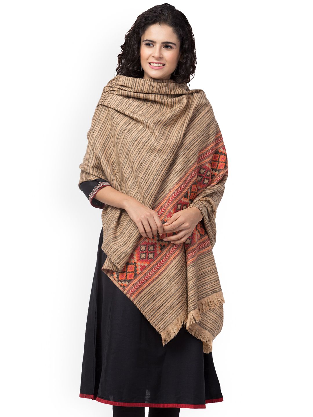 Tweedle Women Beige & Orange Woven-Design Shawl Price in India