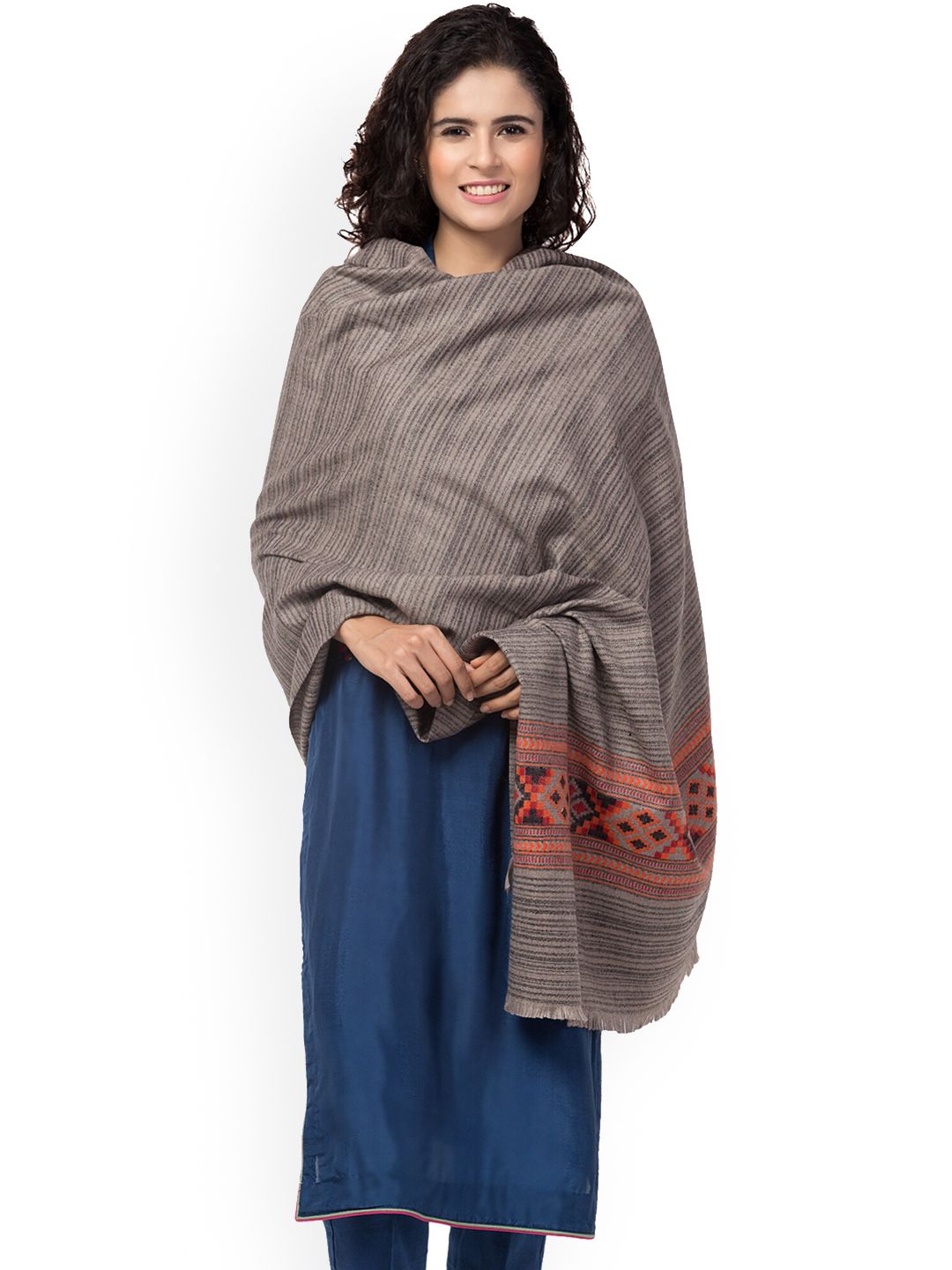 Tweedle Women Grey & Orange Printed Wool Shawl Price in India